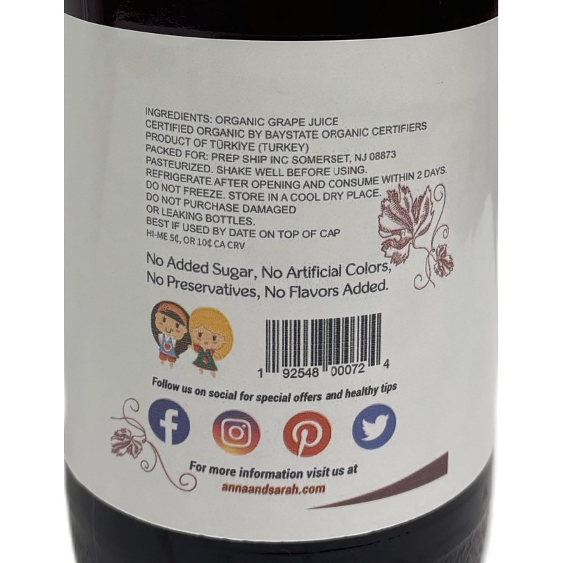 Anna and Sarah 33.8 Oz Organic Grape Juice - Glass
