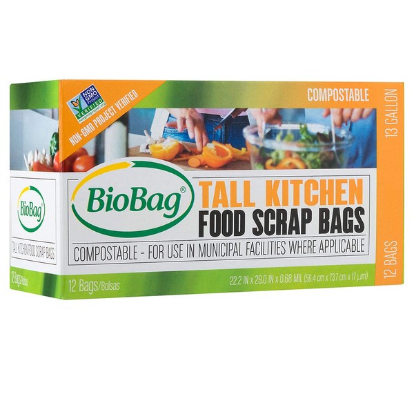 BioBag (USA), The Original Compostable Bag, 13 Gallon, 144 Total Count (12 Boxes of 12 Count), 100% Certified Compostable Tall Kitchen Food Scrap Bags, Kitchen Compost Trash Bin Compatible