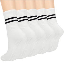 PUJANE 5 Pairs Grip Pilates Socks for Women, Non Slip Yoga Athletic Long Crew Socks for Barre Ballet Gym Workout (White)
