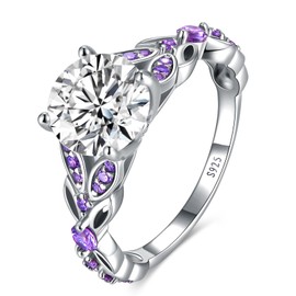 AVECON 925 Sterling Silver Birthstone Ring for Women, Butterfly Created Amethyst Cubic Zirconia Engagement Band, Promise Wedding White Gold Plated Rings for Anniversary Birthday, Size 6