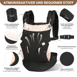 TOFFCAEA Baby Carrier - Ergonomic, Easy to Carry, Pure Cotton, Lightweight, with Adjustable Belt, for Newborns from 3 to 18 Months (Black)