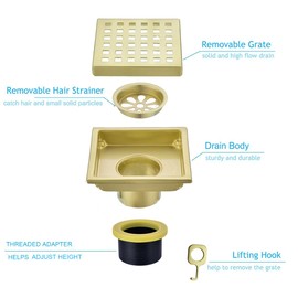Square Shower Drain 4 inch, Nicmondo Floor Waste Drain Point Center with Removable Grate Cover, 304 Stainless Steel, 11cm x 11cm, PVD Brushed Gold