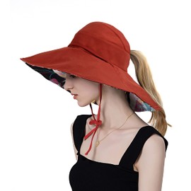 Koreshion Women Ponytail Sun Hat Reversible Fishing Hat Foldable Bowknot Summer Hat UPF 50+ Beach Cap Wide Brim Bucket Hat Red