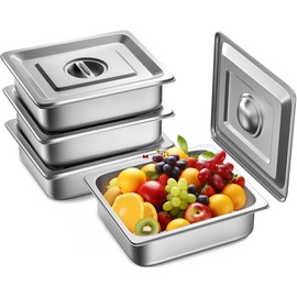 ZeroPone 4 Pack Hotel Pans with Lids, 1/2 Size 4" Deep Steam Table Pans, Stainless Steel Food Pans 22 Gauge Anti Jam 12.8" L x 10.4" W Commercial Food Storage Containers