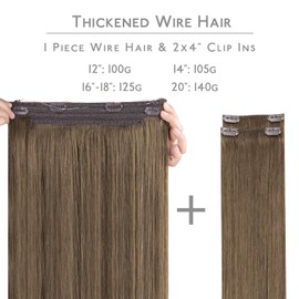 WENNALIFE Wire Hair Extensions (Increase 50% Lifespan) Real Human Hair 14 inch 105g Light Ash Brown Remy Hair Invisible Transparent Wire Fish Line Straight Reusable Natural