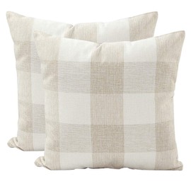 JOTOM Plaids Tartan Linen Pillow Cover,Cushion Covers for Home Sofa Car Outdoor Decorative 45 x 45cm,Set of 2 (Checkered,Beige White)