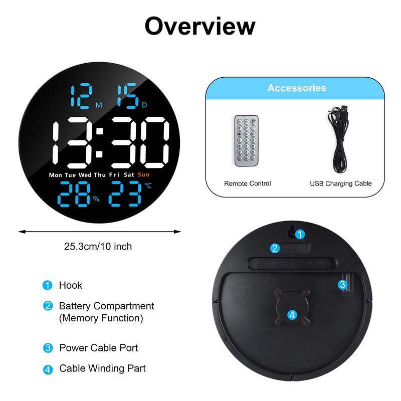 Lafocuse 10" LED Large Digital Wall Clock Round with Remote