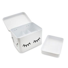 AQ Matte White & Black Metal Storage Box - Removable Tray, Multipurpose Tin with Secure Lid for Cosmetics, Makeup, Toiletries, First Aid - Cute First Aid Box Tin, Minimalist Design
