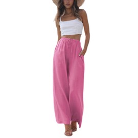 Faleave Women's Cotton Linen Summer Palazzo Pants Flowy Wide Leg Beach Trousers with Pockets(Pink-M)