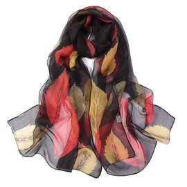 E-Clover Fall Scarfs for Women Lightweight Leaves Pattern Scarves Soft Chiffon Sheer Scarf Shawl for Dinner Party Black Red Yellow Gift