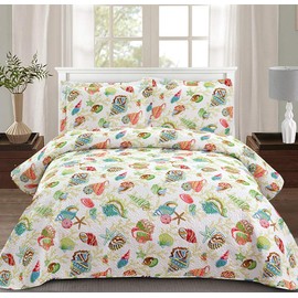 Quilt Set Queen Size Beach Bedding Queen Bedspread Coverlet Coastal Ocean Quilt Bedding Summer Lightweight Bedspread Beach Quilt Bed Spread Starfish Conch Decor Soft Home Reversible Quilt Bedding