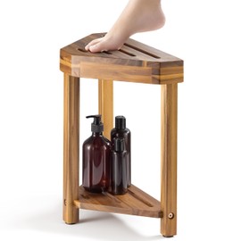 BLUEWEST Shower Foot Rest, Corner Shower Stool, Wooden Shower Foot Stool for Shaving Legs Inside Shower, Waterproof Shower Foot Rest with Storage Shelf for Small Shower Space, Shower Seats and Benches