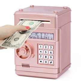 Thedttoy Electronic Piggy Bank Money Safe Password Money Box for Kids Ages 3+, ATM Bank Safe Coin Cash Banks Money Saving Box, Birthday for Boys Girls 3 4 5 6 7 years Old (Rose Gold)