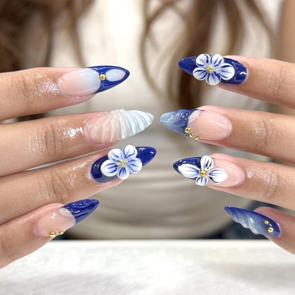 Blue French Tip Press on Nails Medium Almond Fake Nails