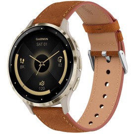 YLK Leather Strap for Garmin Vivomove 3S/Vivoactive 4S, Garmin Venu 3S/Venu 2S, Forerunner 265S/Forerunner 255S, 18 mm Soft Genuine Leather Watch Straps, Adjustable Replacement Strap (Reddish Brown)