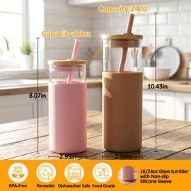 Tronco 16 oz Glass Tumbler with Lids and Straw, Reusable Iced Coffee Cup & Smoothie Cup with Bamboo Lid, Silicone Sleeve, Dishwasher Safe, BPA-Free Borosilicate Glass, 1 Pack