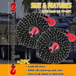 SENKEYFE 5/16" Safety Binder Chain-G80 Transport Tow Chain Tie Down for Trailer|10FT Heavy Duty Chain with G70 Clevis Snap Hooks Wll 4900 lbs for Lifting|Log Tie Down Accessories-2 Pack (Oiled Black)