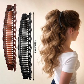 QESSUVNC Pack of 4 Large Banana Clip Hair, Vintage Banana Clip for Women and Girls, Suitable for Daily Life and Fashion Styling (Brown and Black)