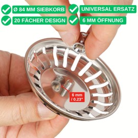 Sink Replacement Strainer Basket, 1 Piece, Diameter 84 mm Strainer Basket, Made of Stainless Steel, in Silver Colours, Basket with Diameter 6 mm Bore, 20 Slots Strainer Insert, Replacement Part for