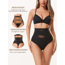 Silongder Thong Shapewear Tummy Control Underwear for Women High Waist Body Shaper Girdle Compression Shapewear Thong Black