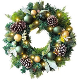 WANNA-CUL Pre-Lit 20 Inch Lighted Christmas Wreath for Front Door Decoration with Green Gold Christmas Ball Ornaments,Battery Operated 30 LED Lights