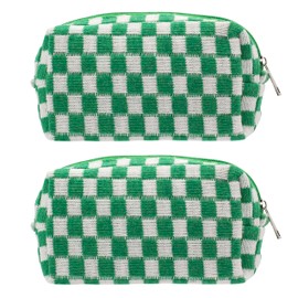PAZIMIIK Checkered Makeup Bag for Purse Portable Zipper Make Up Pouch Small Cosmetic Case for Travel Accessories (2PCS Green)