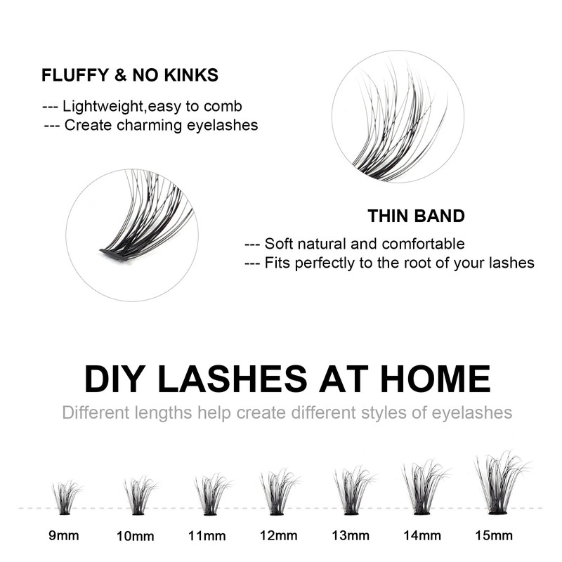 Fenshine Cluster Lashes, Individual Lashes, Wide Stem C/D Curl, 9-15