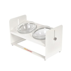 PETCOMO Elevated Dog and Cat Bowl Stand – Adjustable Height, White Steel Tilted Stand with 2 Glass Feeding Dishes for Food and Water - MK2070A