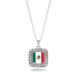 Inspired Silver - Mexican Flag - Silver Necklace for Women - Square Pendant Chain Necklace Jewelry Gift with Cubic Zirconia - Women's Necklace Charm with Lobster Claw Clasp
