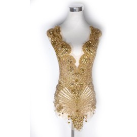 Labellezalay Gold Beaded Appliqué Patches Iron On, Rhinestones Bodice Applique with Glass Stones and Embroidery for Prom Dresses, DIY Clothing Decor