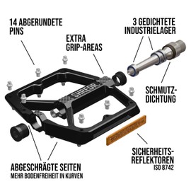 SHREDR. Shine Pedals for MTB | High Quality Flat Pedals for Mountain Bike | With Reflectors (StVZO Compliant) (Black, XL)