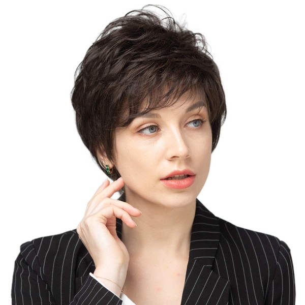 EMMOR Short Black Brown Human Hair Wigs for Women Blend