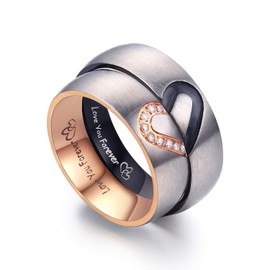 LAVUMO Matching Promise Rings for Couples Love You Forever Wedding Bands Sets for Him and Her Half Heart Rings Stainless Steel 6mm with Box Comfort Fit (Men 10 & Women 9)