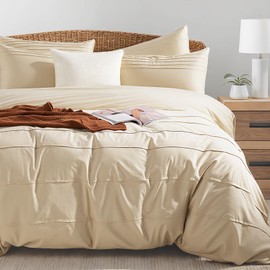 NEXHOME PRO 100% Organic Cotton Duvet Cover Queen, Linen Like Pleated Textured Duvet Cover Set Yellow Tan, 3pc Bedding Set with Zipper Closure, Soft, Lightweight and Breathable(90"x90", No Comforter)