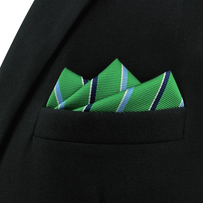 [S&W SHLAX&WING] Men's Striped Pocket Square Kelly Green Blue Stripe