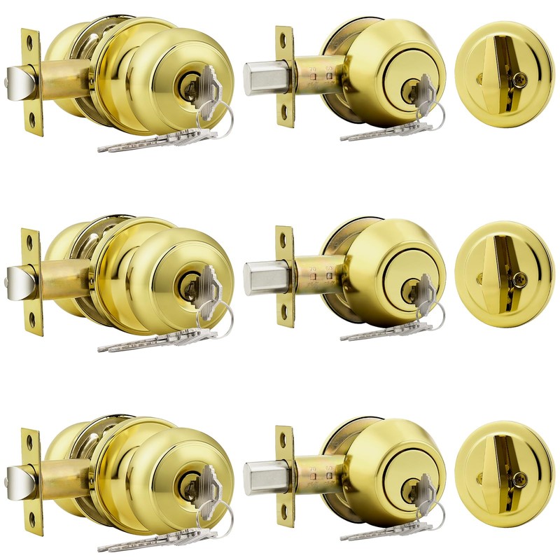 Probrico Polished Brass Door Knob and Deadbolt Lock, Keyed Alike