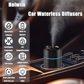 Holwim Waterless Car Diffuser for Essential Oils, 300ml Dual Nozzle Battery Powered Humidifier,Smart Car Air Freshener Diffuser with Colorful Lights and Various Spray Modes for Car Office Home（Set）