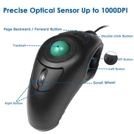YUMQUA Finger Mouse, Handheld Trackball Mouse USB Wired Hand Held Thumb Ring Mice with Roller for Laptop Mac Window Computer Fits Left and Right Handed Users