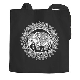Autiga® Jute Bag Elephant Mandala Boho Bohamian Ethnic Tribal Ornament Cotton Bag Shopping Bag Black 2 Long Handles