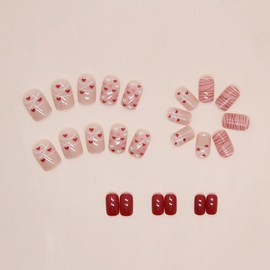 24Pcs Valentines Nails Press on Nails Short Square Nails Heart Fake Nails with Glue Red Line Glossy Acrylic Nails Design Red Heart White Red Line Valentines Day False Nails Stick on Nails for Women