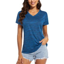 MAGCOMSEN Womens Short Sleeve V Neck Shirts Moisture Wicking Yoga Tops Quick Dry Gym Athletic Summer T-Shirts Blue M
