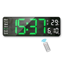 Lafocuse Led Digital Wall Clock, 13" Large Display Alarm Clock with Remote Control, Auto Brightness Dimmer, Countdown, 12/24H for Living Room, Home, Office, Kitchen with Temperature Date Week, Green