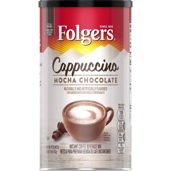 Folgers Cappuccino Mocha Chocolate Instant Coffee Beverage Mix, 16 Ounces (Pack of 6)