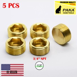 PAKA TOOLS USA 5Pcs 3/4" NPT Male Brass Internal Hex Head Socket Pipe Plugs end cap