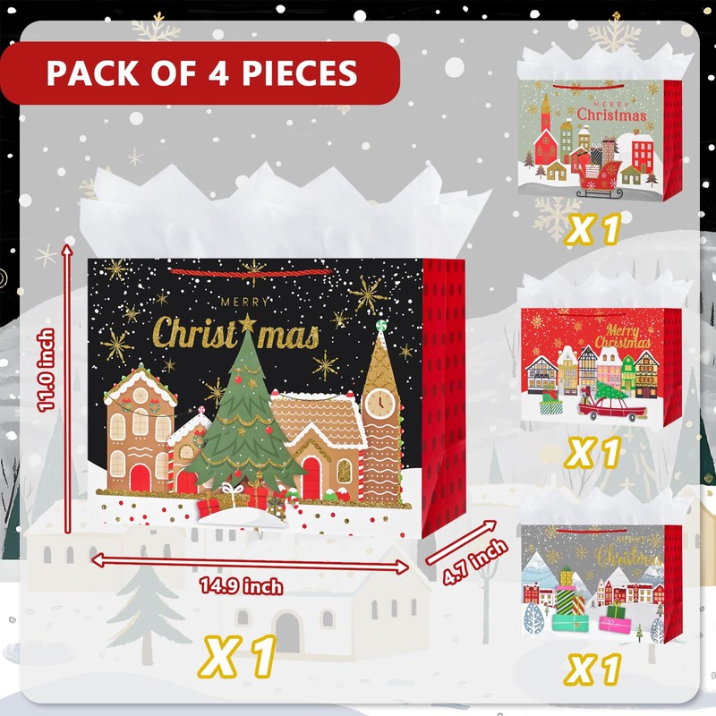 OFIHANLY 4 Pack 14.9" Large Size Merry Christmas Gift Bags