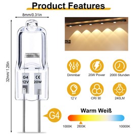 HIKLINK Pack of 12 G4 Halogen 12 V 20 W Halogen Bulbs, Halogen Bulb G4 20 W 2800 K Dimmable Non-Flicker Halogen Bulbs for Cooker Hoods, Ovens, Microwaves