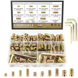 Kindroufly 146 Pieces 1/4"-20, 5/16"-18, 3/8"-16 Threaded Inserts, Nut Inserts, Wood Inserts, Steel Threaded Inserts Assortment Kit for Wood Furniture Screw