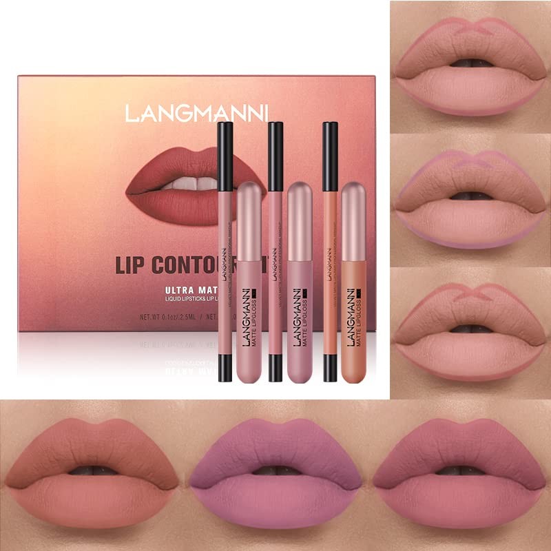 6 Colours Matte Liquid Lipstick with 6 Pieces Lip Liner