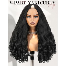 Yaki Curly V Part Wigs Black Loose Wave Wig with Bouncy Curl Ends