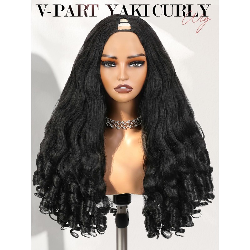 Yaki Curly V Part Wigs Black Loose Wave Wig with